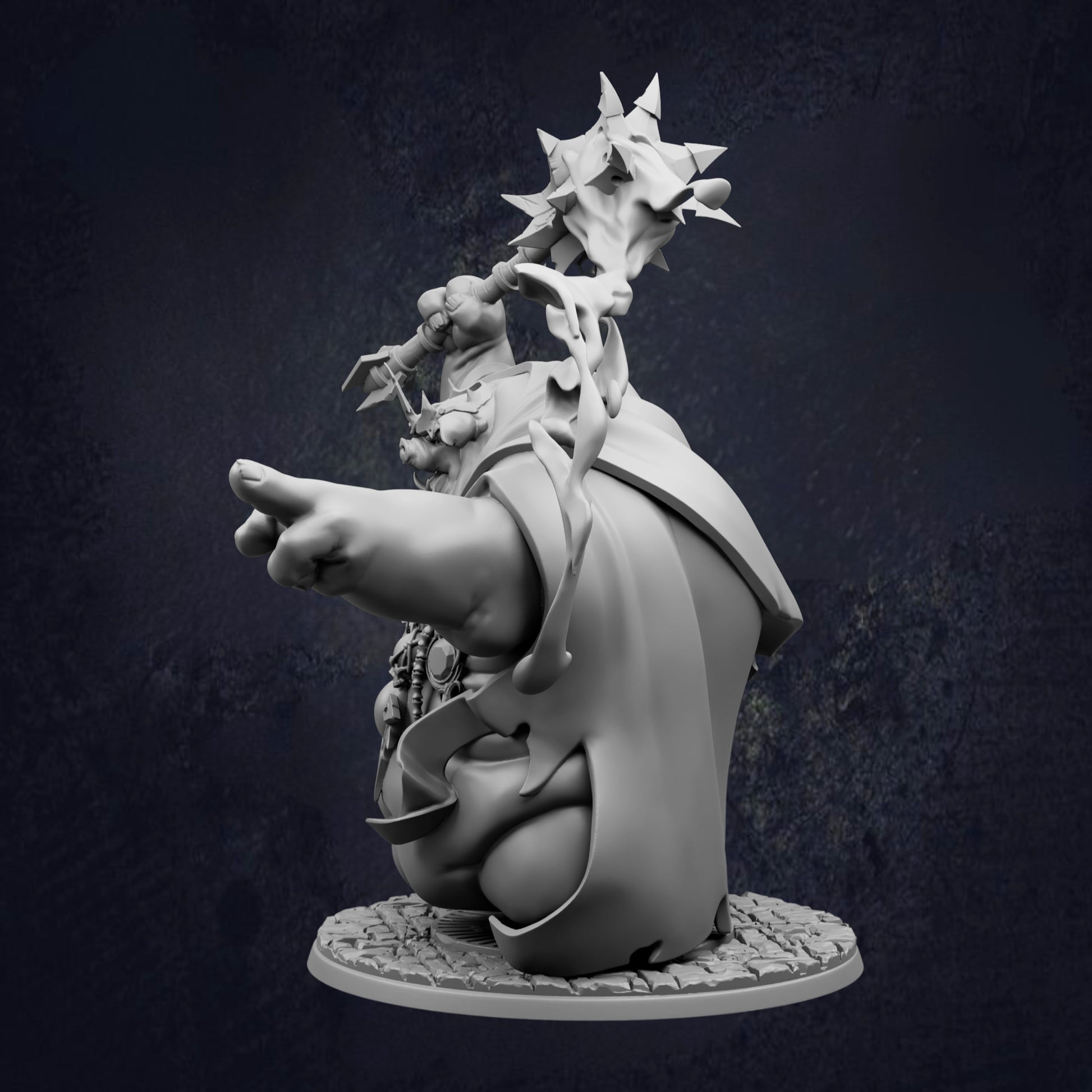 A 3D rendering of a fantastical, winged creature with sharp teeth and claws, standing on a platform and holding a large, pointed object in its hands.