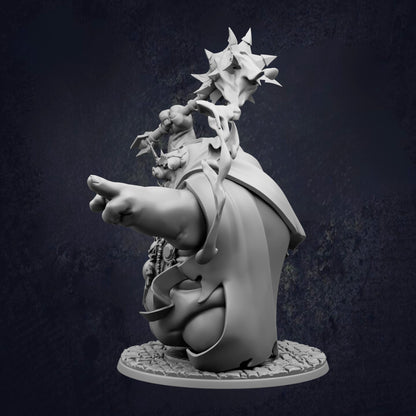 A 3D rendering of a fantastical, winged creature with sharp teeth and claws, standing on a platform and holding a large, pointed object in its hands.
