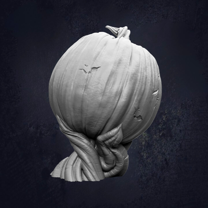 A large, white pumpkin with carved designs on its surface, set against a dark background.