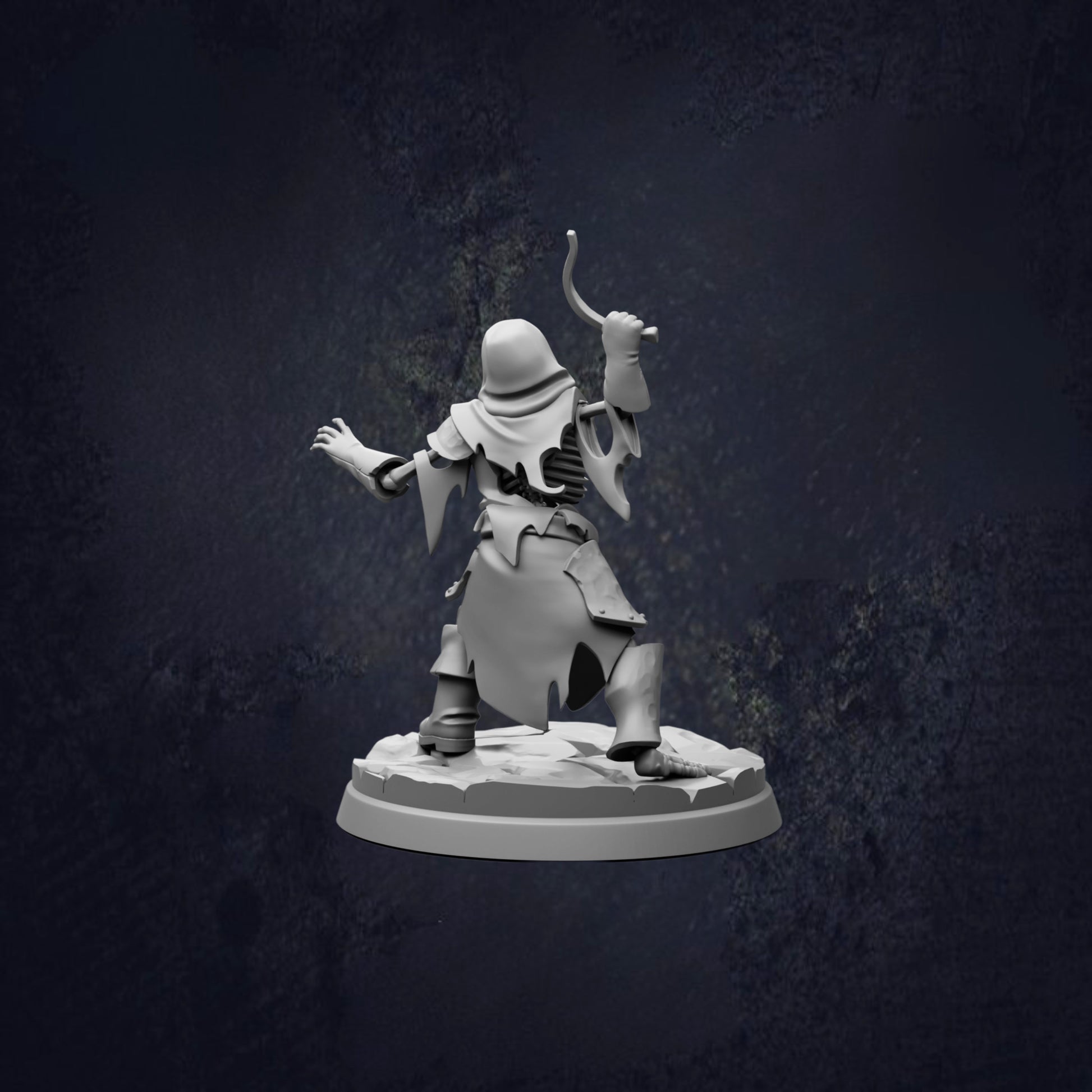 A 3D model of a character with a sword and shield, standing on a base and facing away from the camera.