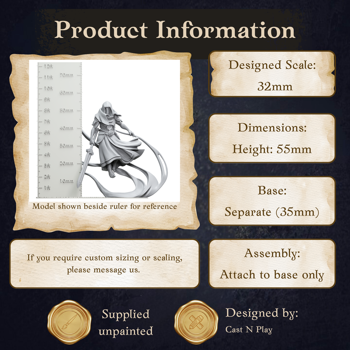 The image is a product information graphic for a figurine, with dimensions, a base, and assembly instructions.