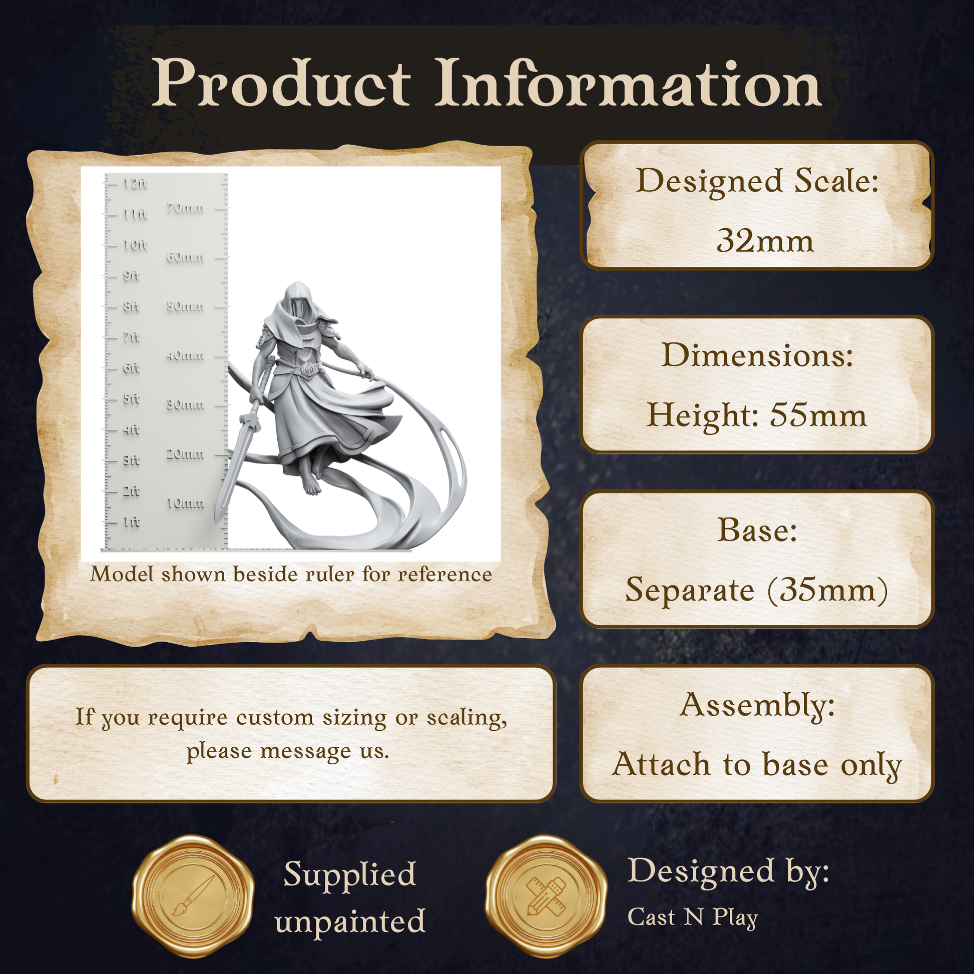 The image is a product information graphic for a figurine, with dimensions, a base, and assembly instructions.