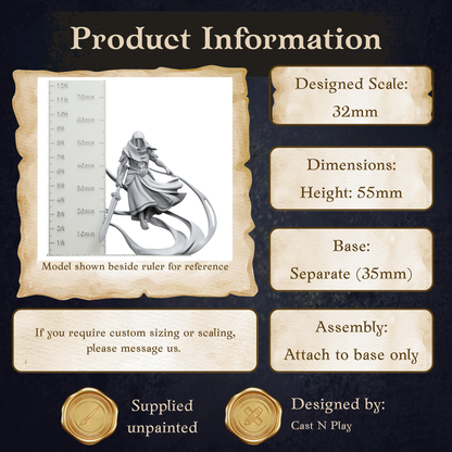 The image is a product information graphic for a figurine, with dimensions, a base, and assembly instructions.