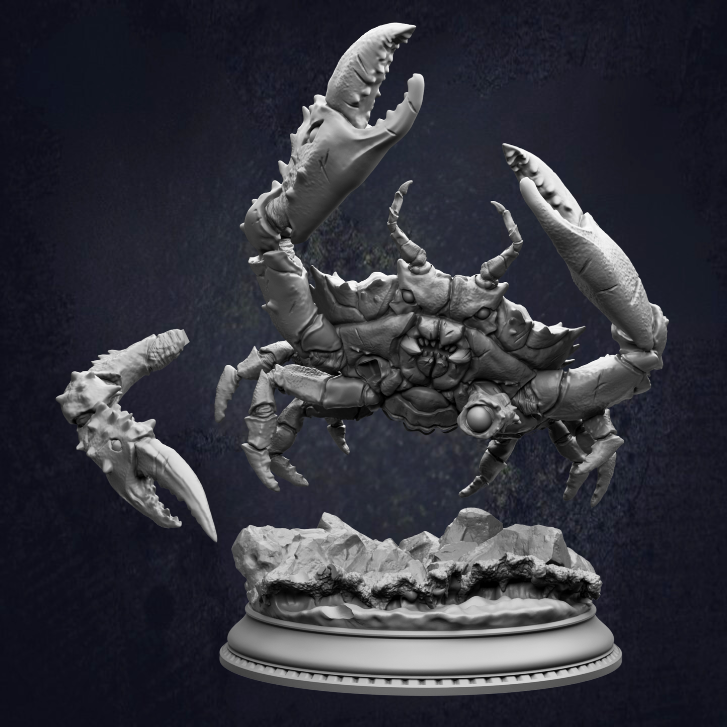 A detailed 3D model of a crab with sharp claws and a menacing expression, displayed on a pedestal against a dark background.