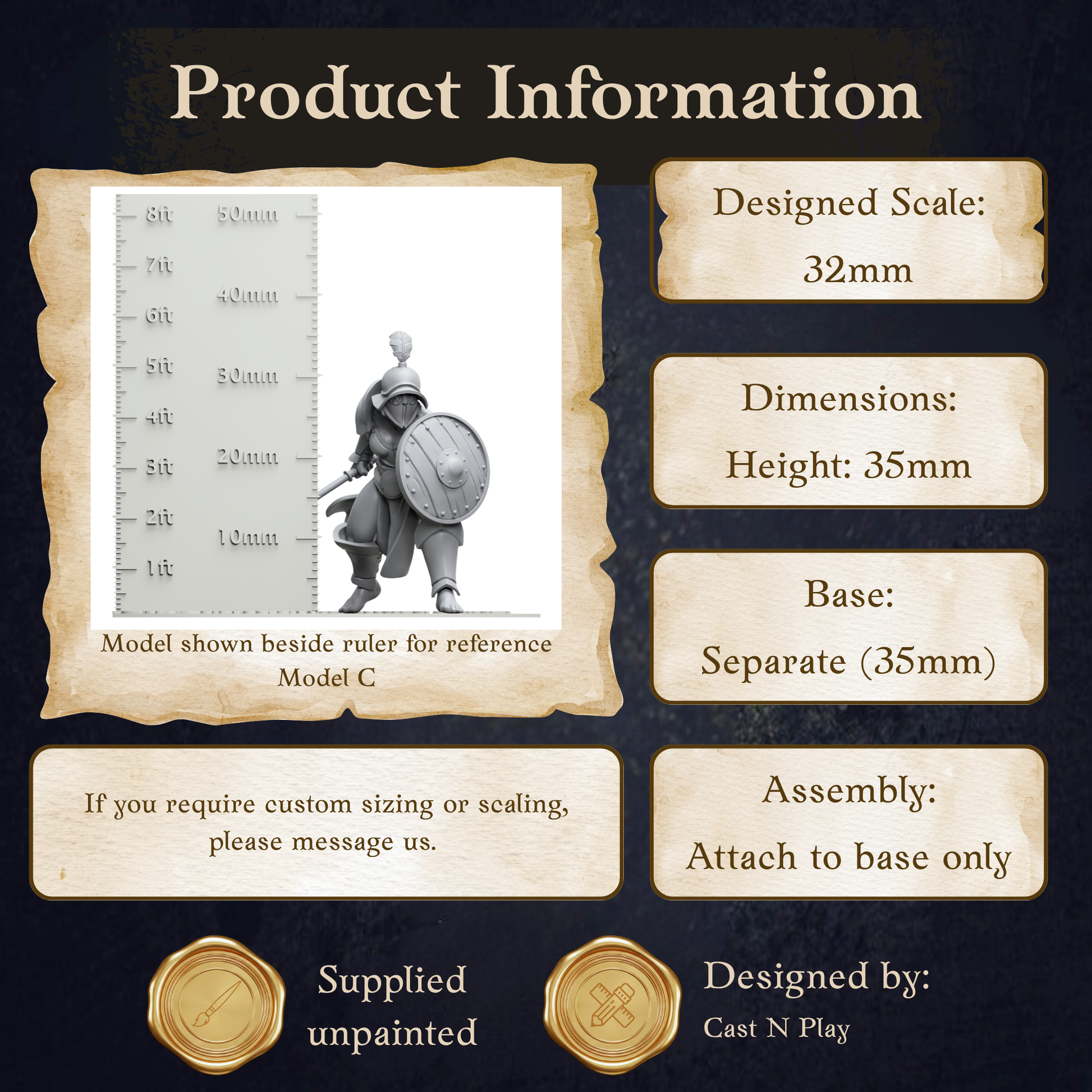 The image is a product information display featuring a model of a shield and a ruler for reference. The model shown beside the ruler is for sale, and it is designed to be 35mm in height. The display includes dimensions and assembly instructions, and it is available for purchase from Cast N Play.
