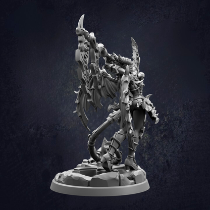 A detailed 3D model of a winged, armored figure with sharp, angular features and a fierce expression, set against a dark background.