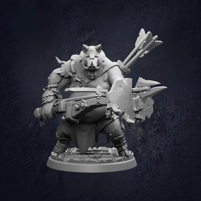 A 3D rendering of a heavily armored and armed fantasy character, likely a barbarian or warrior, with various weapons and armor.