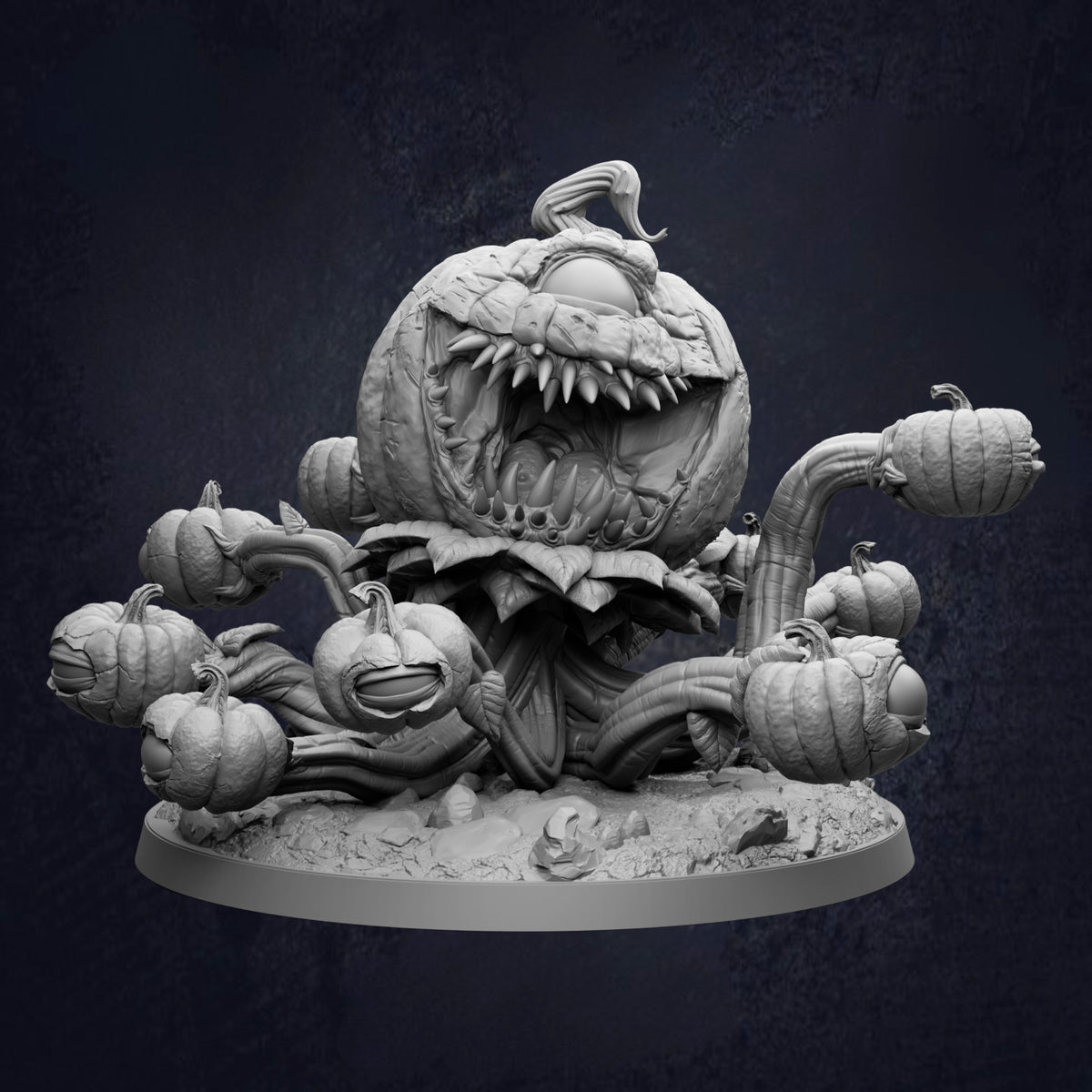 A detailed 3D rendering of a large, menacing pumpkin with sharp teeth and an open mouth, surrounded by smaller pumpkins.