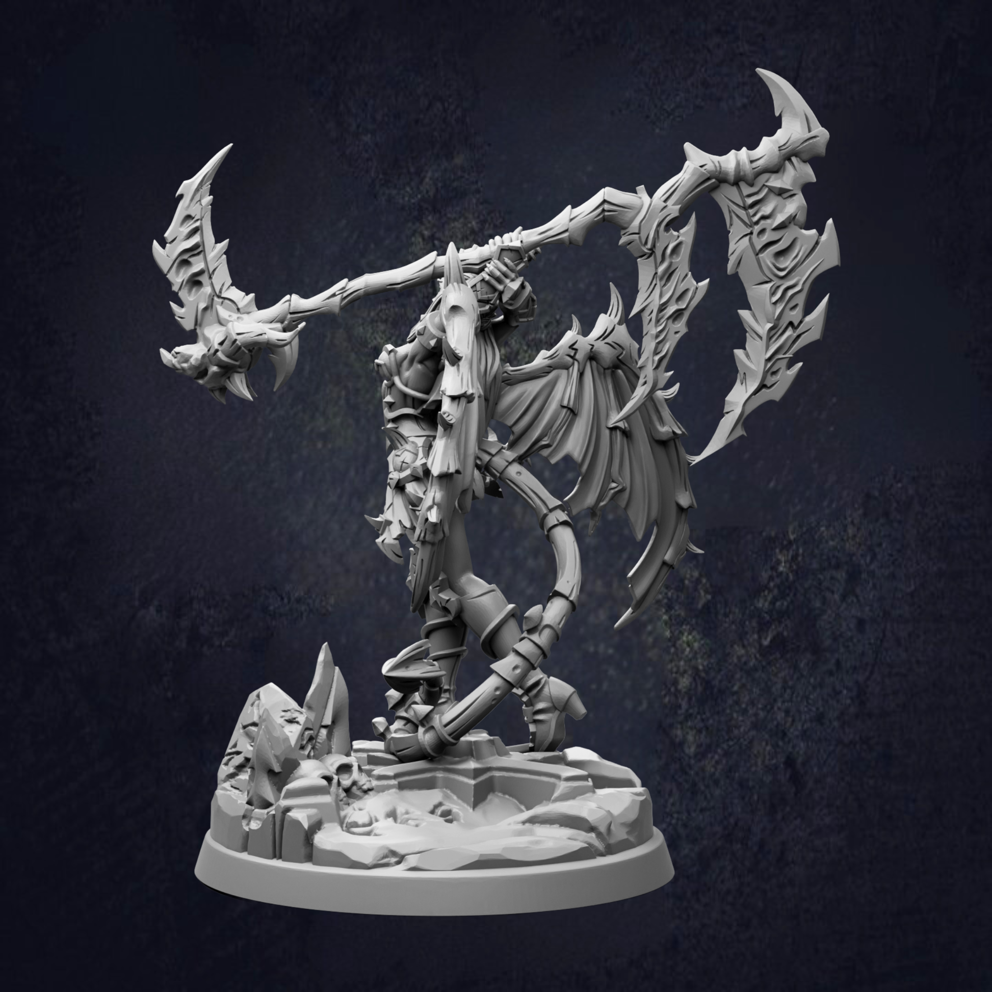 A detailed 3D model of a winged creature with sharp, angular features and a skeletal, armored appearance, standing on a rocky base against a dark background.