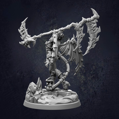 A detailed 3D model of a winged creature with sharp, angular features and a skeletal, armored appearance, standing on a rocky base against a dark background.