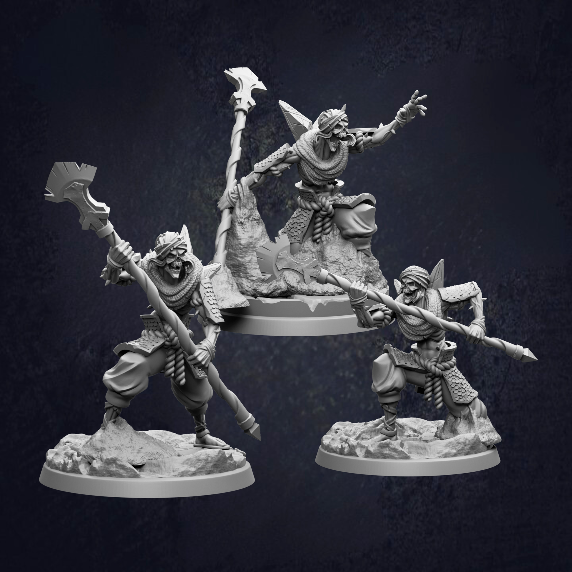 three figurines of characters, each holding a weapon and standing on a rocky base.