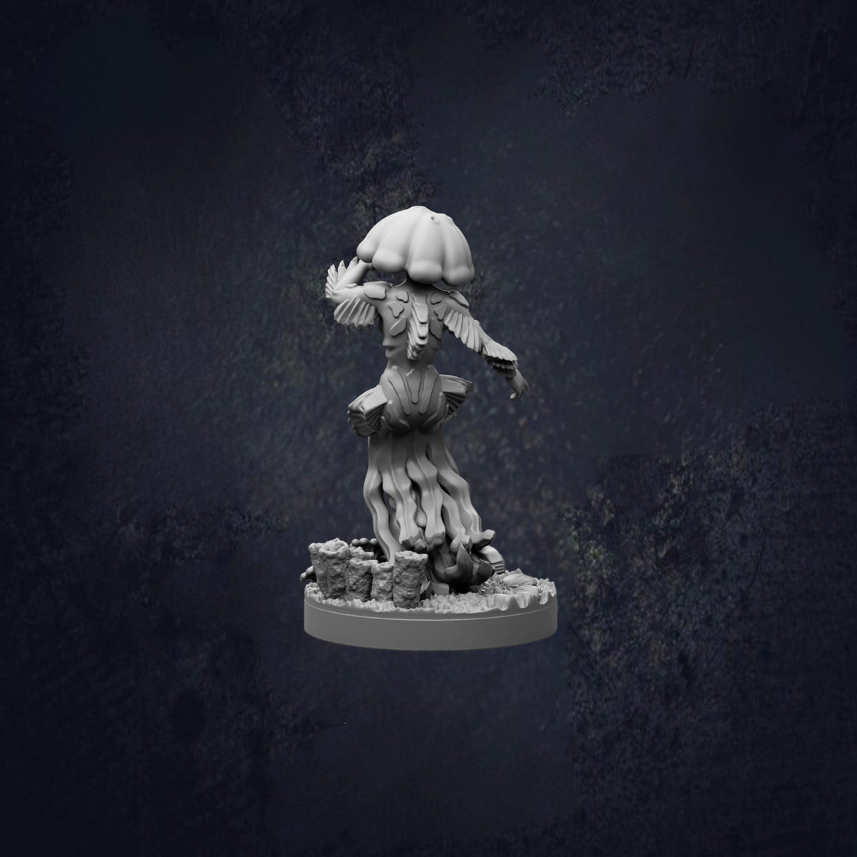 A 3D model of a jellyfish-like creature with a large head and tentacles, standing on a base against a dark background.