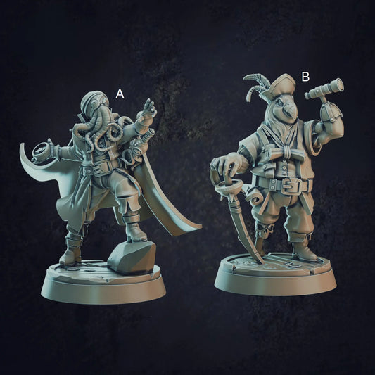 A labelled image of a  pair of pirate navigators consisting of a mind flayer and a parrotfolk miniature. These are highly detailed 3D printed resin models suitable for D&D or any other RPG tabletop game. Designed by Cast N Play at a 32mm Scale, these models sit on a 25mm base which is provided.