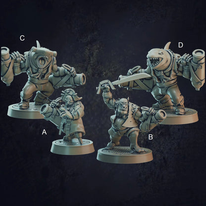 A labelled image of a set of four pirate cannoneer miniatures designed by Cast N Play at a 32mm scale. The band of pirates consists of a dwarf, orc, sharkfolk and a whalefolk. All of these seafaring adventurers are perfect to add to an ocean D&D campaign. 3D Printed in resin to a high quality and each provided with their own seperate base.
