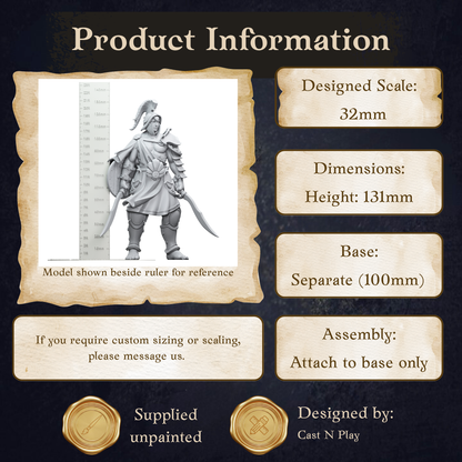 The image is a product information page for a model, specifically a sword model. The page provides details about the model, including its dimensions, height, base, and assembly instructions.
