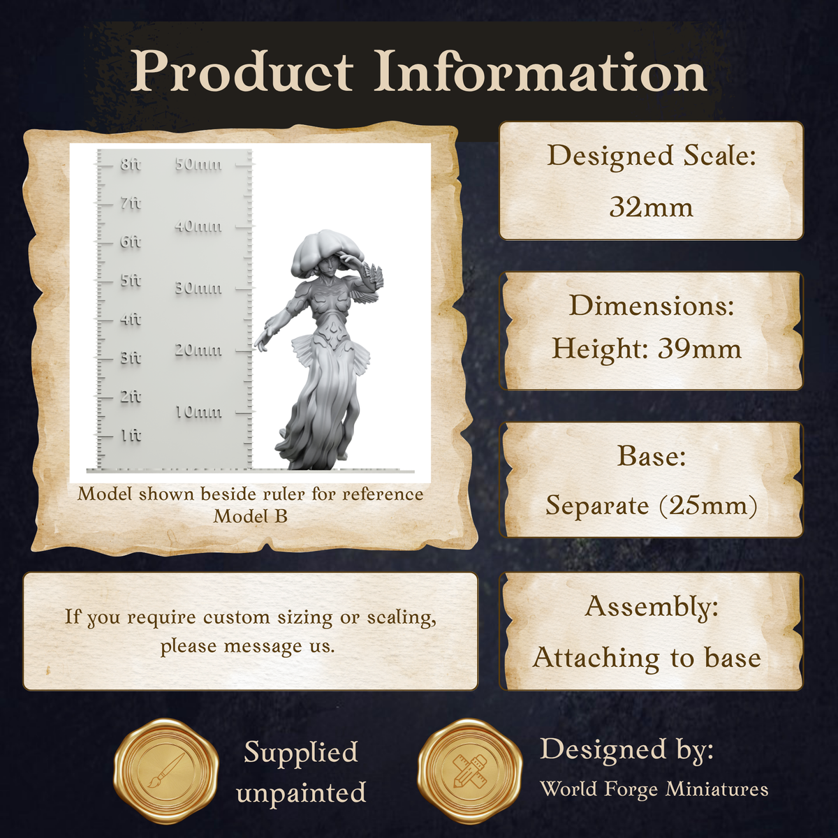 The image is a product information display featuring a model shown beside a ruler for reference. The model is described as Model B, with dimensions of 30mm in height and 25mm in width. The display includes information about the designed scale, dimensions, assembly instructions, and the designer.