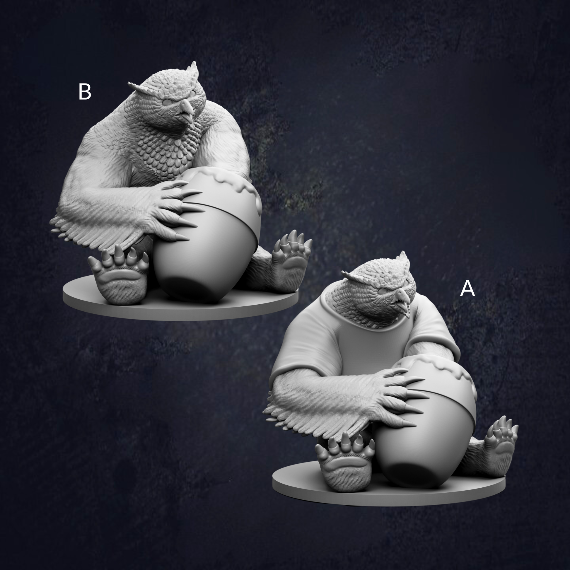 two sculptures of a large, furry creature sitting on a round base, holding a large object in its paws.
