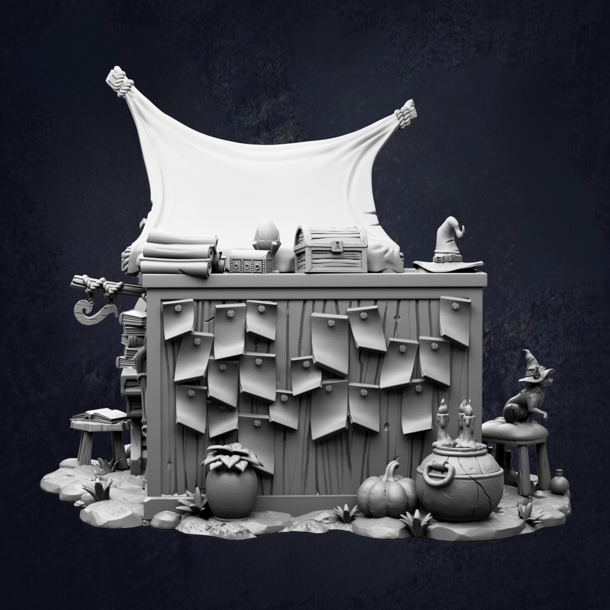 A whimsical, fantastical scene featuring a large, curved structure with a pointed roof, surrounded by various objects such as a hat, a cauldron, and a small table.