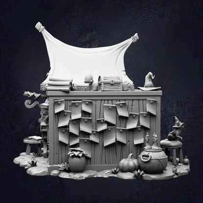 A whimsical, fantastical scene featuring a large, curved structure with a pointed roof, surrounded by various objects such as a hat, a cauldron, and a small table.