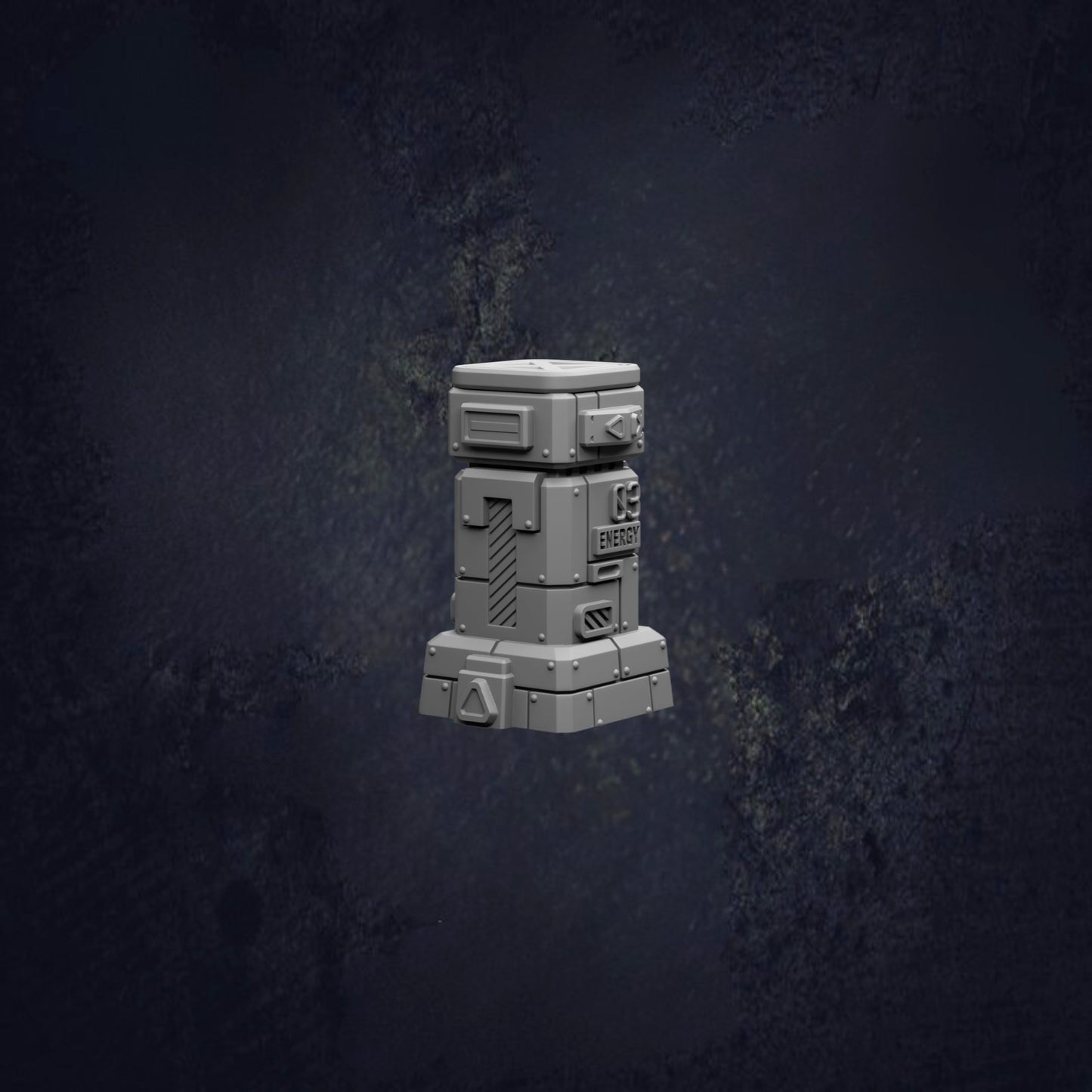 A 3D rendering of a metallic object, possibly a piece of industrial equipment or a storage container, set against a dark, textured background.