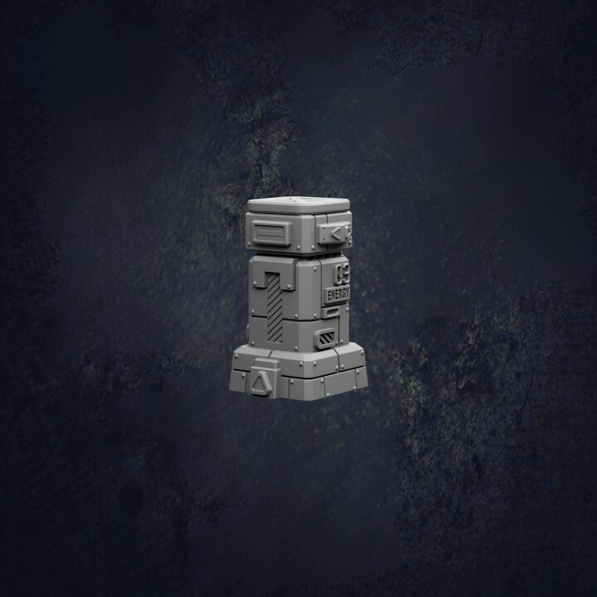 A 3D rendering of a metallic object, possibly a piece of industrial equipment or a storage container, set against a dark, textured background.