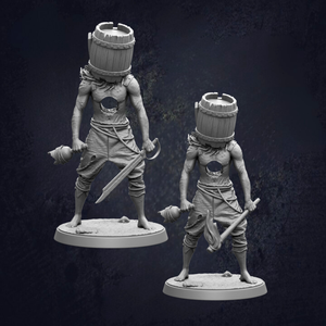 two figurines of a pirate standing on a base, each holding a weapon and wearing a barrel hat.