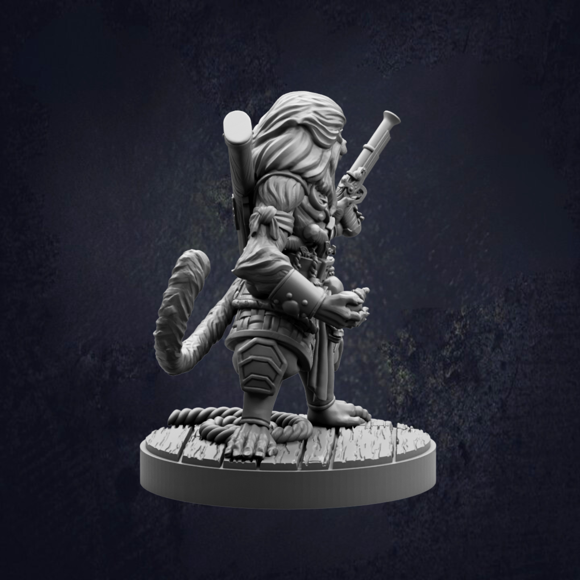 A 3D model of a character with long hair, wearing a backpack and holding a gun, standing on a wooden platform against a dark background.