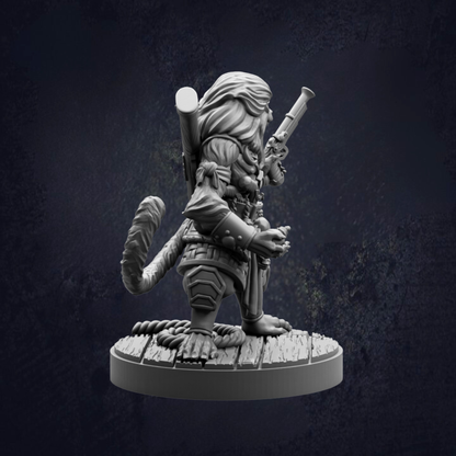 A 3D model of a character with long hair, wearing a backpack and holding a gun, standing on a wooden platform against a dark background.