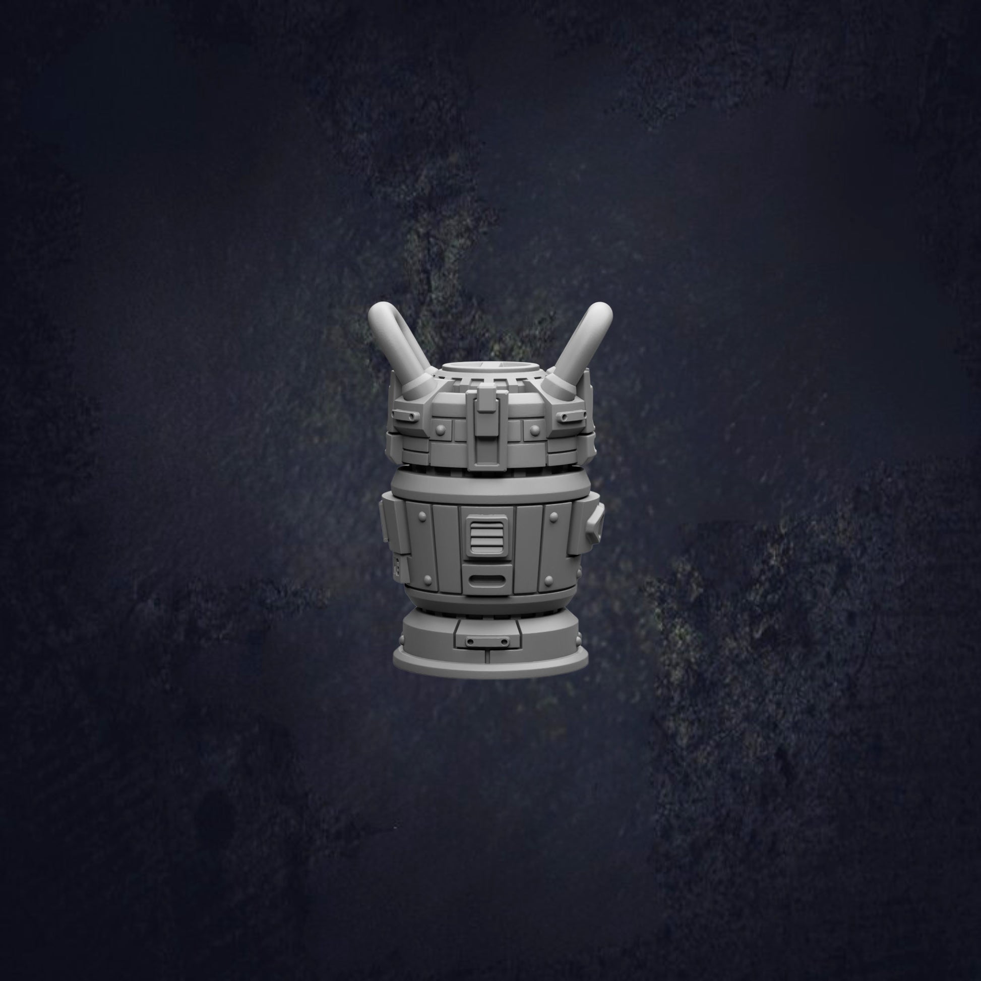 A 3D rendering of a futuristic-looking object, possibly a robot or machine, against a dark background.