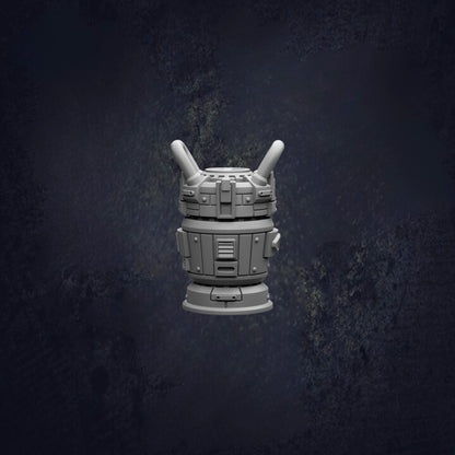 A 3D rendering of a futuristic-looking object, possibly a robot or machine, against a dark background.