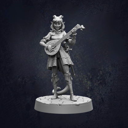 A statue of a woman playing a musical instrument, such as a guitar or violin, against a dark background.