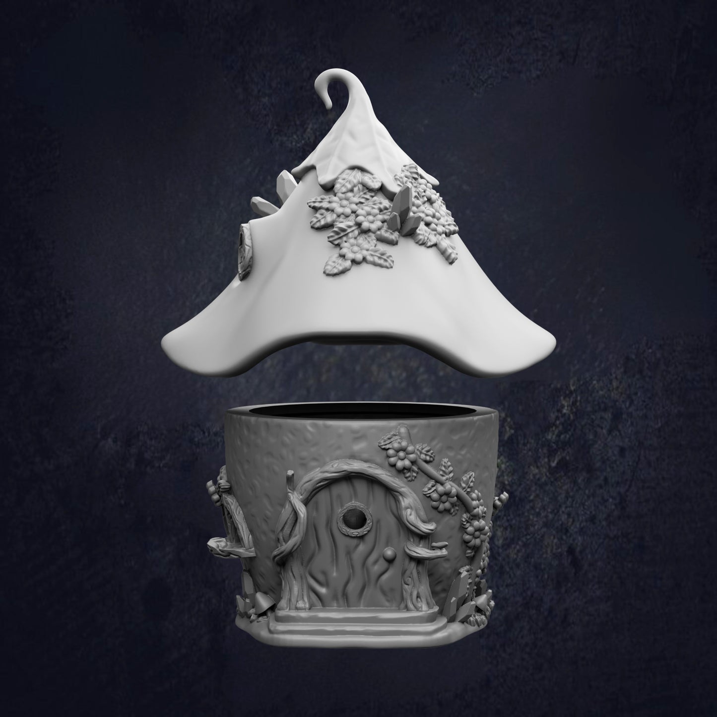 A white ceramic figurine of a whimsical, fantastical hat with intricate floral designs, and a small, round ceramic container with a similar, whimsical design.