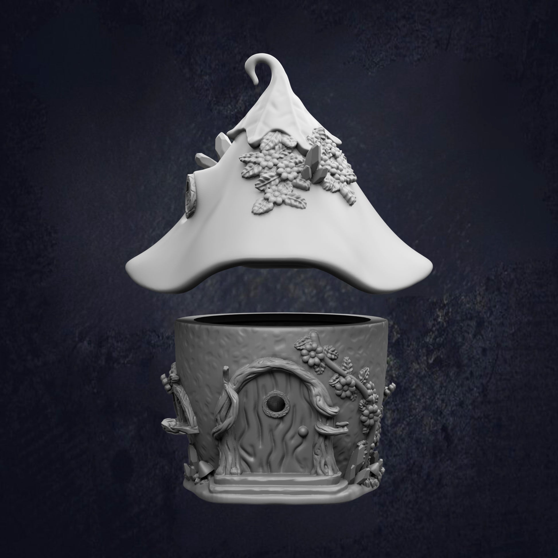 A white ceramic figurine of a whimsical, fantastical hat with intricate floral designs, and a small, round ceramic container with a similar, whimsical design.