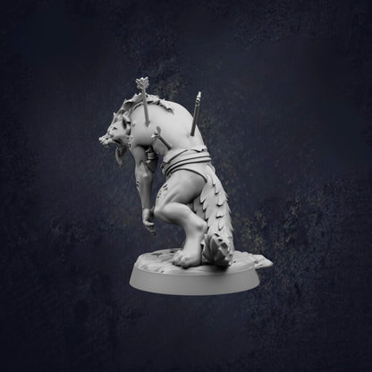 A 3D model of a fierce-looking creature, possibly a mythical or fantastical animal, standing on a base and facing to the right.