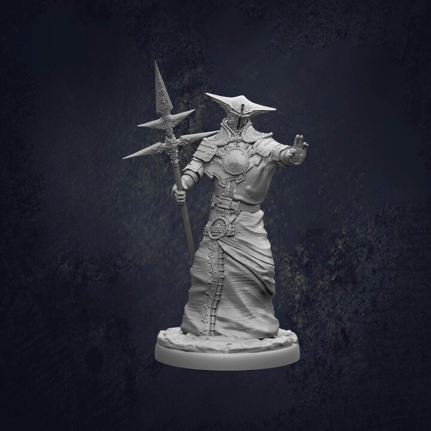 A detailed 3D model of a warrior figure holding a spear and standing in a dark, moody setting.