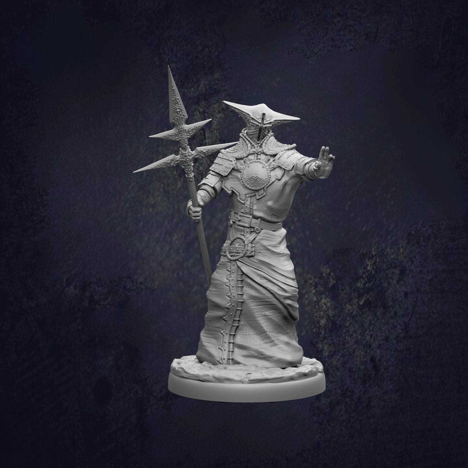 A detailed 3D model of a warrior figure holding a spear and standing in a dark, moody setting.