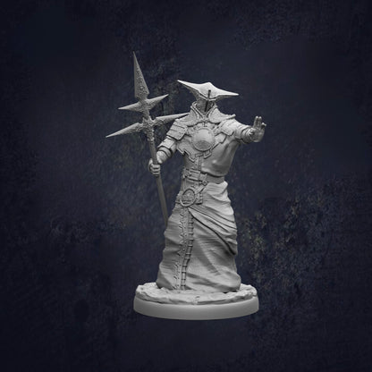 A detailed 3D model of a warrior figure holding a spear and standing in a dark, moody setting.