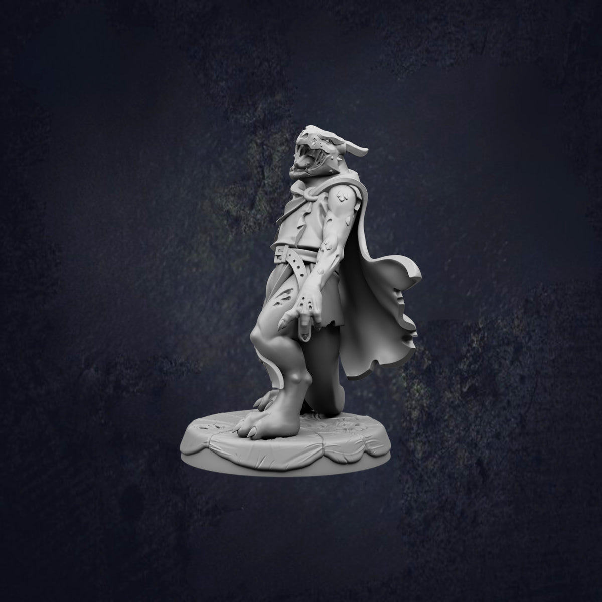 A 3D model of a fantastical creature, possibly a dragon or serpent, standing on a platform against a dark background.