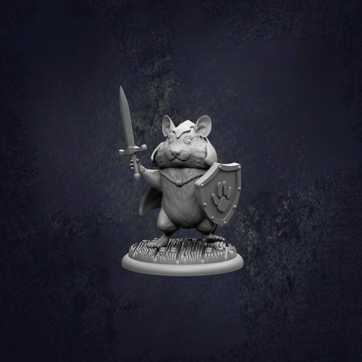 A 3D model of a mouse holding a sword and shield, standing on a base.