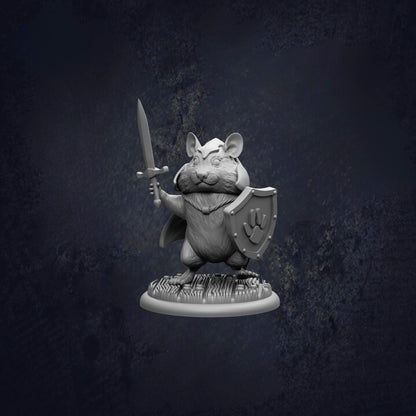 A 3D model of a mouse holding a sword and shield, standing on a base.