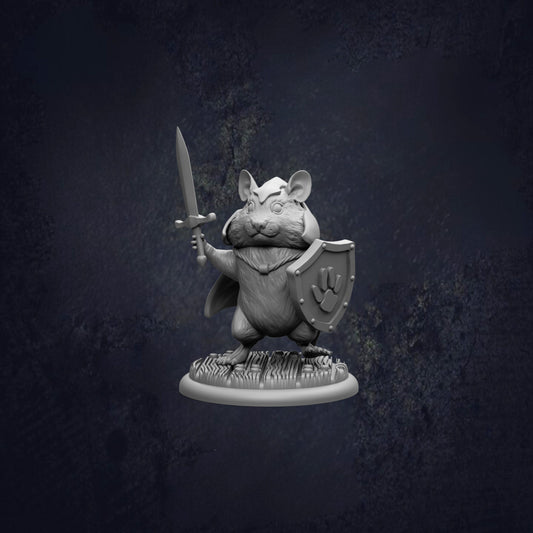 A 3D model of a mouse holding a sword and shield, standing on a base.
