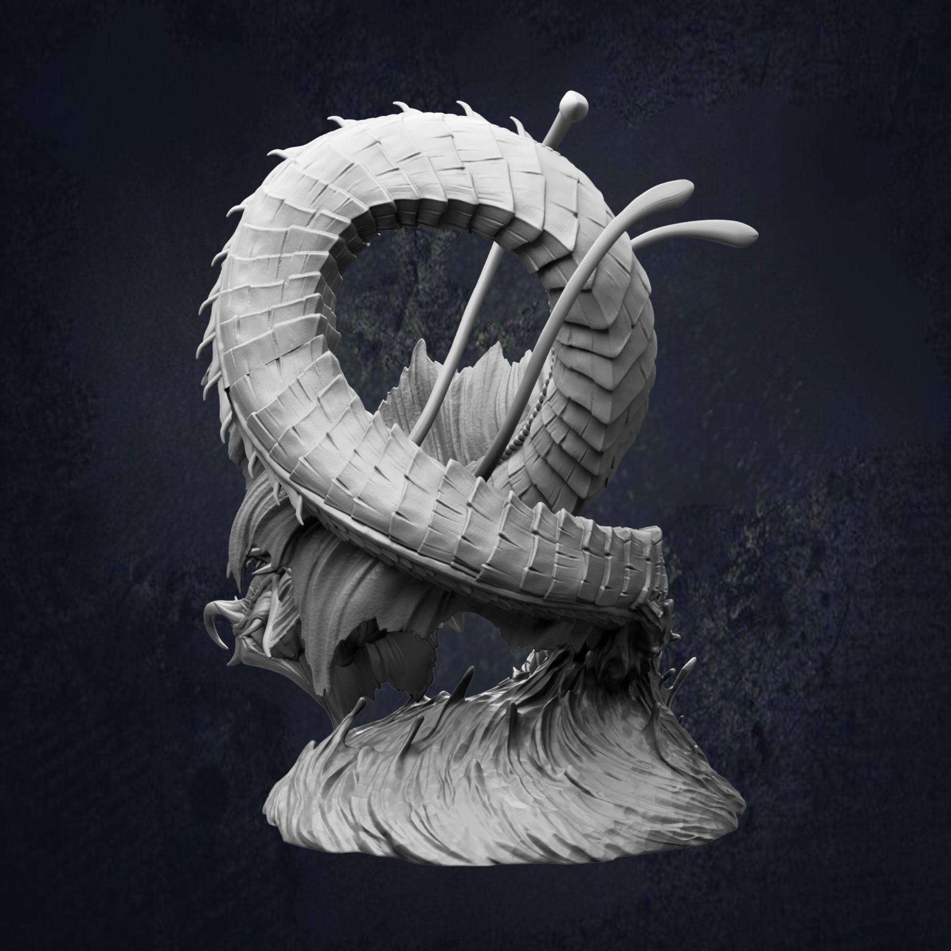 A 3D rendering of a dragon-like creature with a coiled body and sharp teeth, set against a dark background.