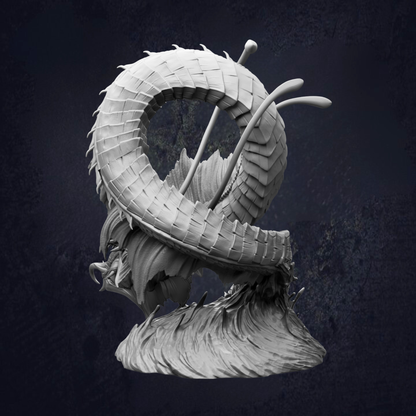 A 3D rendering of a dragon-like creature with a coiled body and sharp teeth, set against a dark background.