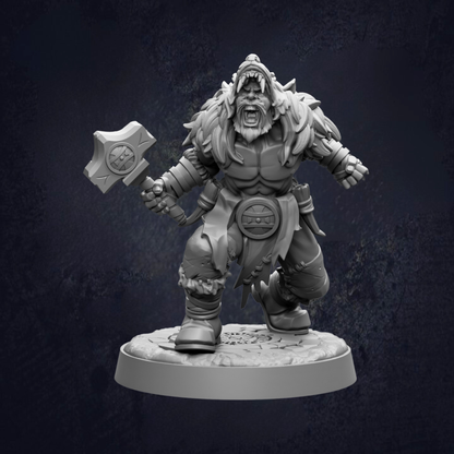 A detailed 3D model of a fierce-looking warrior figure, holding a large weapon and standing on a platform.