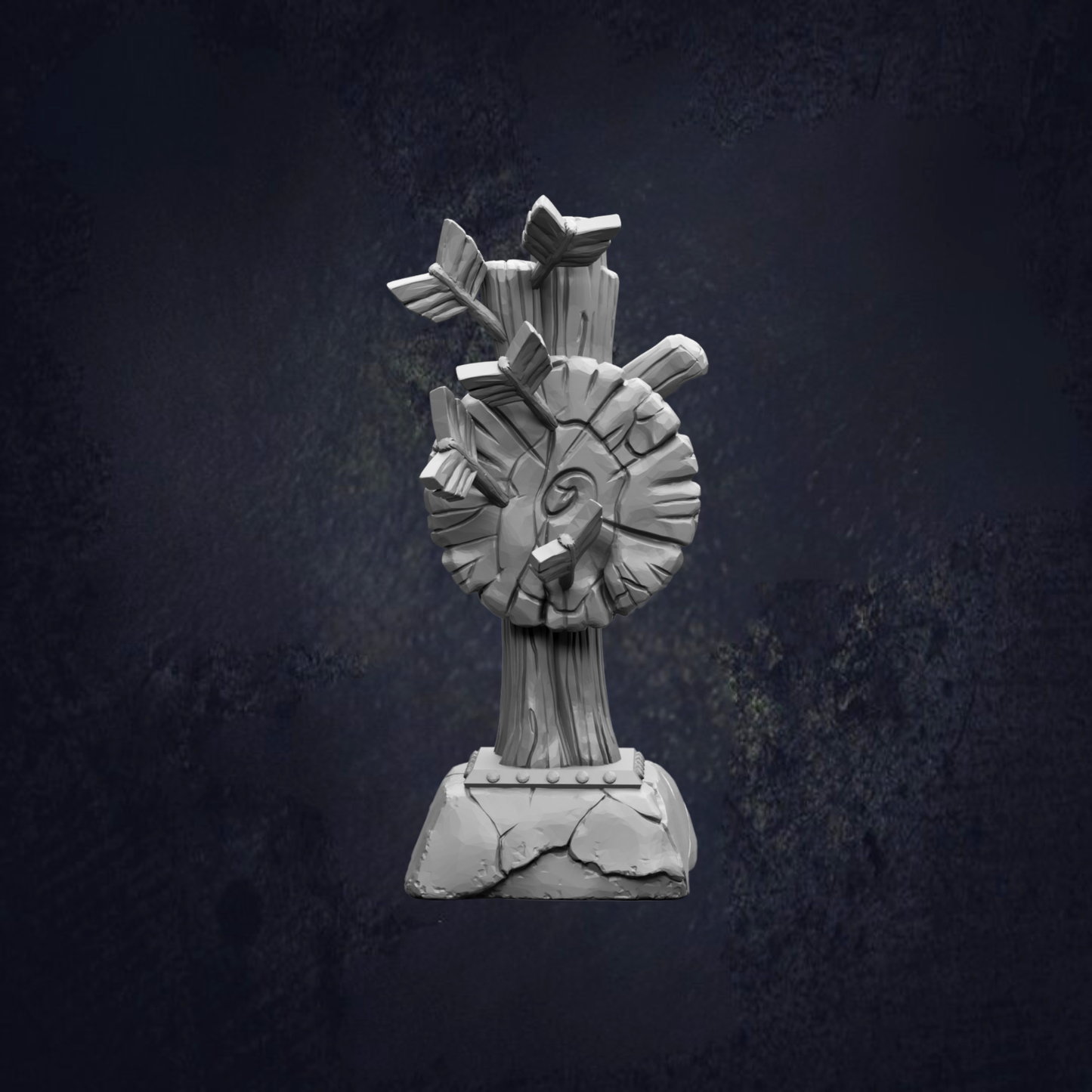 A 3D rendering of a stylized, abstract sculpture with a dark, moody background.