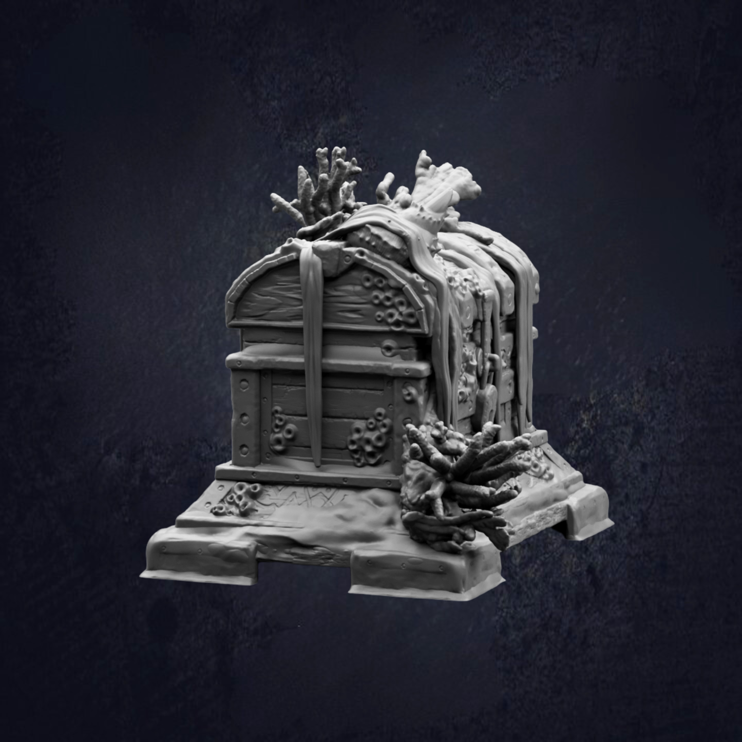 A 3D model of a chest or chest box with intricate details and decorations, including a dragon or mythical creature on top.