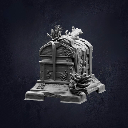 A 3D model of a chest or chest box with intricate details and decorations, including a dragon or mythical creature on top.