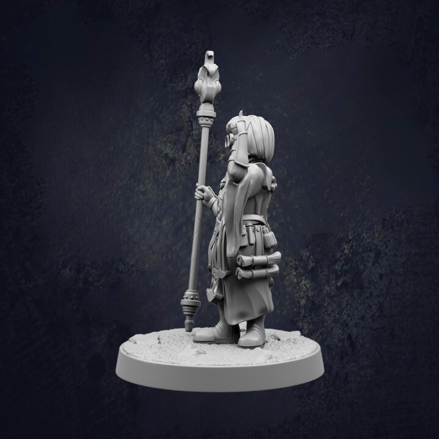 A 3D model of a character holding a staff and standing on a platform against a dark background.