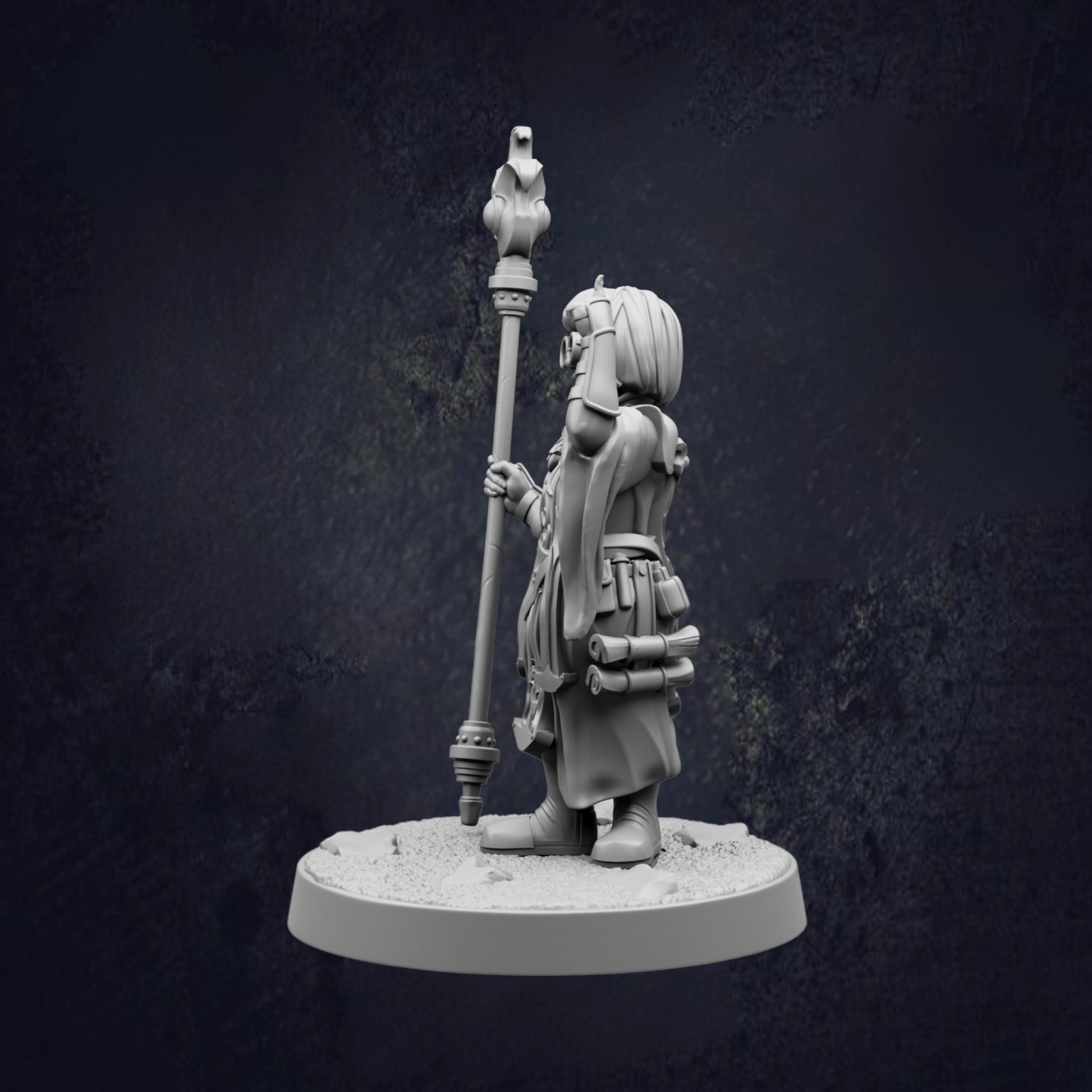 A 3D model of a character holding a staff and standing on a platform against a dark background.