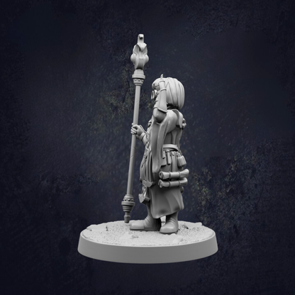 A 3D model of a character holding a staff and standing on a platform against a dark background.